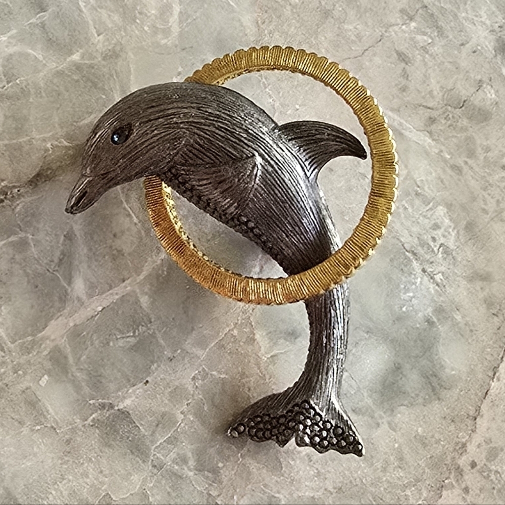 Vintage liz claiborne signed brooch pin silver gold tone dolphin jewelry animal